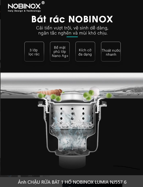  CHẬU RỬA BÁT 1 HỐ NOBINOX LUMIA NJ557 độ dày 3mm và 1.2mm rộng 68 cm + 48 cm vân siêu mịn Vip 