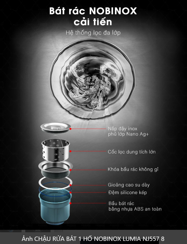  CHẬU RỬA BÁT 1 HỐ NOBINOX LUMIA NJ557 độ dày 3mm và 1.2mm rộng 68 cm + 48 cm vân siêu mịn Vip 