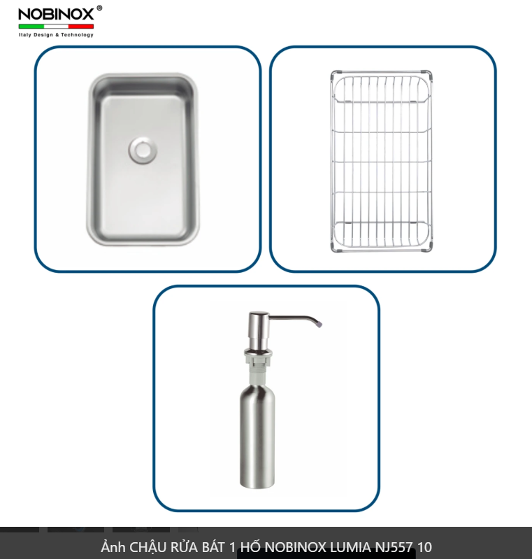  CHẬU RỬA BÁT 1 HỐ NOBINOX LUMIA NJ557 độ dày 3mm và 1.2mm rộng 68 cm + 48 cm vân siêu mịn Vip 