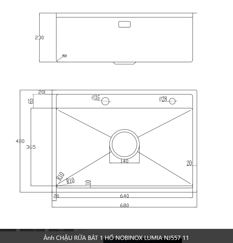  CHẬU RỬA BÁT 1 HỐ NOBINOX LUMIA NJ557 độ dày 3mm và 1.2mm rộng 68 cm + 48 cm vân siêu mịn Vip 