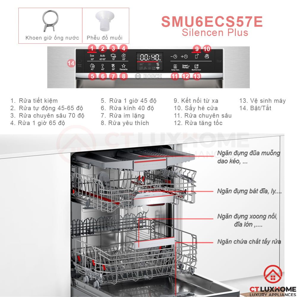  MÁY RỬA BÁT BÁN ÂM BOSCH SMU6ECS57E SERIE 6 14 BỘ Rửa chuyên sâu Intensive Zone, Sấy tăng cường, Tăng tốc độ rửa, Vệ sinh máy 