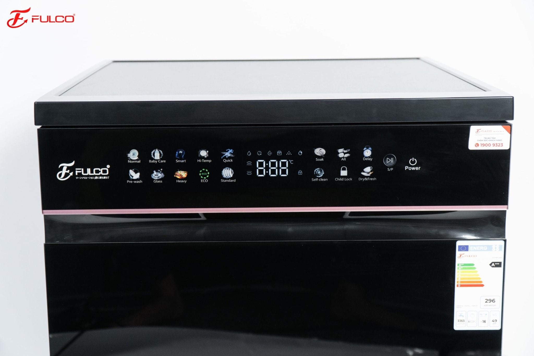  MÁY RỬA BÁT FULCO FC2005TL16B CAO CẤP (Màu Đen) Rửa 16 bộ, 12 chương trình rửa + 4 chức năng an toàn, Sấy không khí nóng PTC,  Công nghệ khánh khuẩn Nano + khử trùng bằng tia UV 
