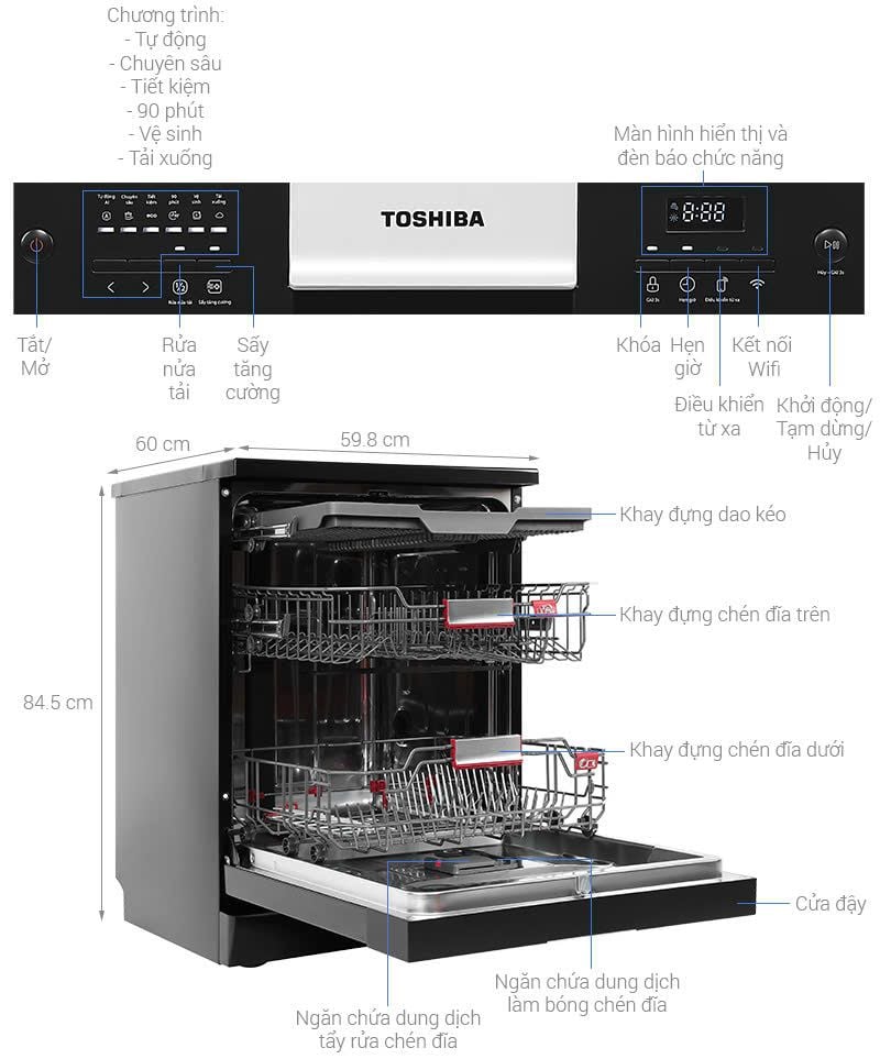  Máy rửa chén độc lập Toshiba DW-15F7(G)-VN thương hiệu nổi tiếng Nhật Bản,  sấy khí nóng HyperDry kết hợp tự động hé cửa, Rửa bằng nước nóng kết hợp xoáy kép CrossWash 720°, Điều khiển từ xa bằng điện thoại 
