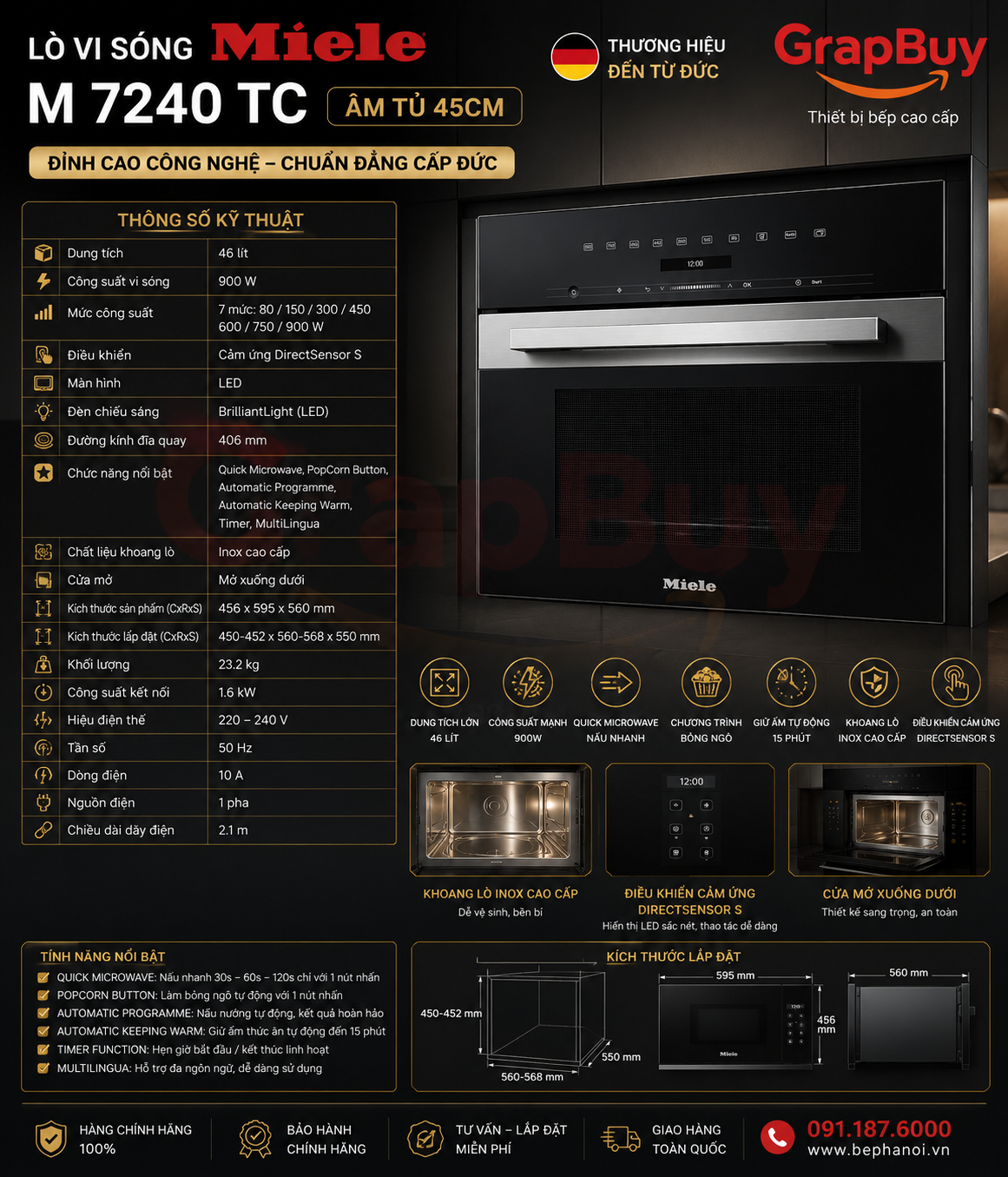 Lò Vi Sóng Miele M 7240 TC Âm Tủ 45cm – Đỉnh Cao hàng nhập khẩu Đức 