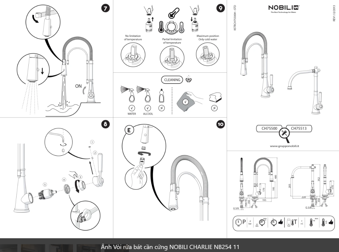  Vòi rửa bát cần cứng NOBILI CHARLIE NB254 Nhập Ý made in Italia Grapbuy Bếp Hà Nội 