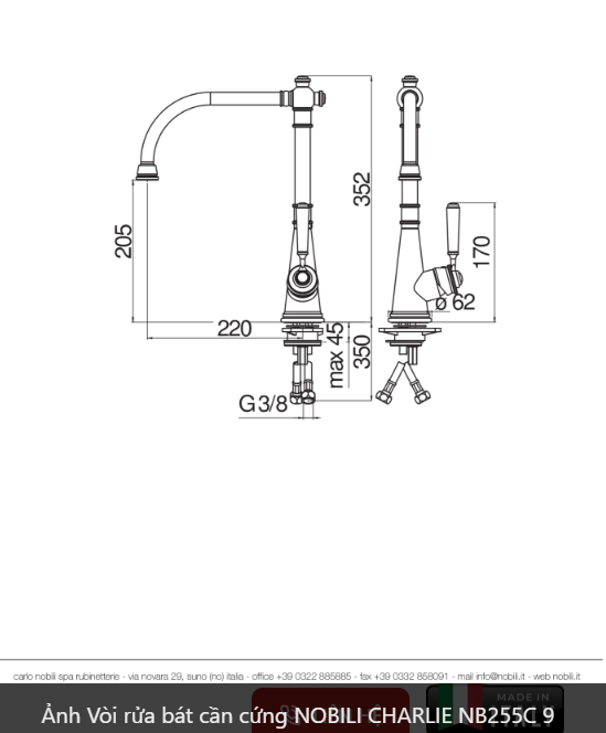  Vòi rửa bát cần cứng NOBILI CHARLIE NB255C Vàng Đồng Nhập Ý Made in Italya Grapbuy Bếp Hà Nội 