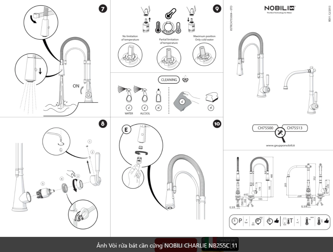  Vòi rửa bát cần cứng NOBILI CHARLIE NB255C Vàng Đồng Nhập Ý Made in Italya Grapbuy Bếp Hà Nội 