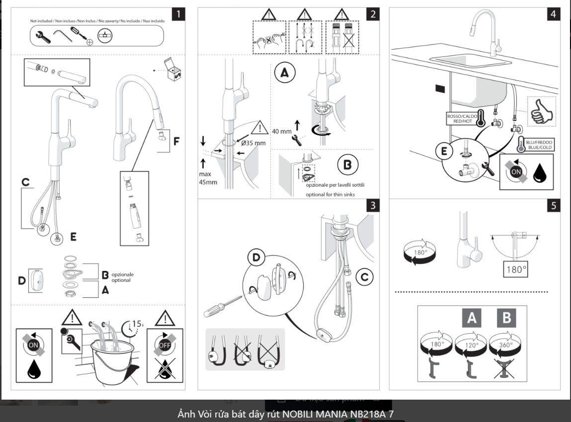  Vòi rửa bát dây rút NOBILI MANIA NB218A Bếp Hà Nội Grapbuy nhập Ý made in Italia 