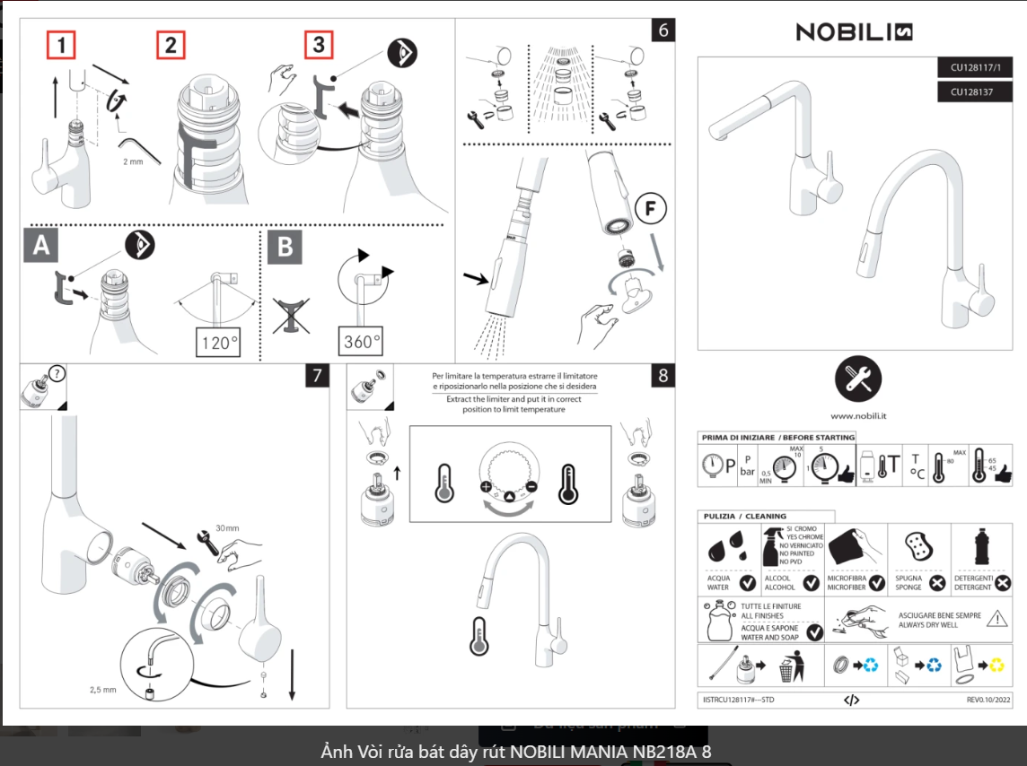  Vòi rửa bát dây rút NOBILI MANIA NB218A Bếp Hà Nội Grapbuy nhập Ý made in Italia 