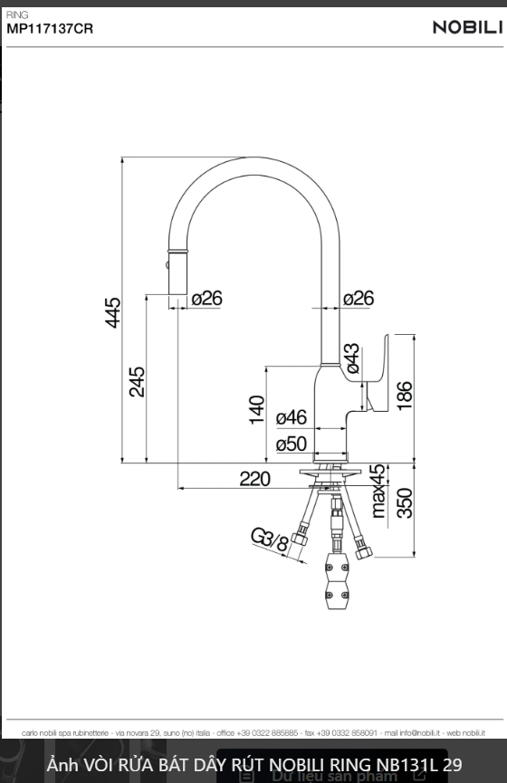  VÒI RỬA BÁT DÂY RÚT NOBILI RING NB131L Nhập Ý made in Italia Grapbuy Bếp Hà Nội 
