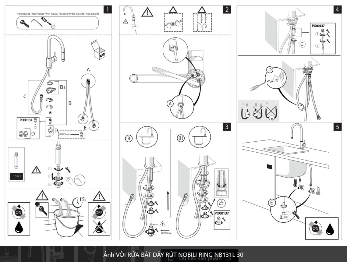  VÒI RỬA BÁT DÂY RÚT NOBILI RING NB131L Nhập Ý made in Italia Grapbuy Bếp Hà Nội 