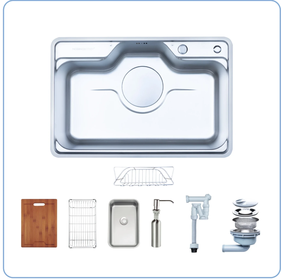  CHẬU RỬA BÁT 1 HỐ NOBINOX LIKEN NL 725D full phụ kiện rổ to, rổ nhỏ, thau nhỏ, bình xịt nước rửa bát, thớt tre, vân linen siêu mịn 