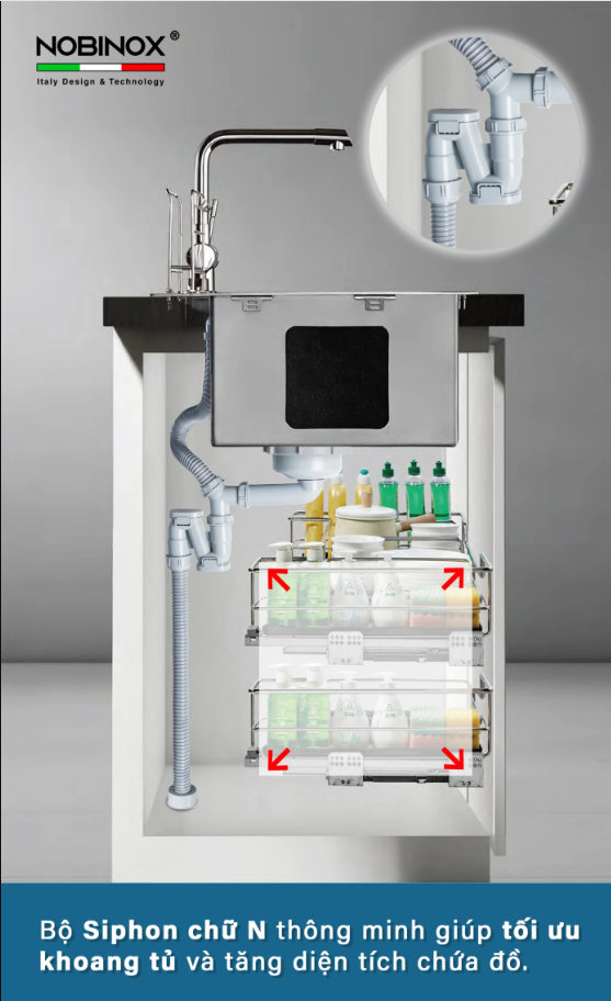  CHẬU RỬA BÁT 1 HỐ NOBINOX LIKEN NL725D siêu tiện lợi, lựa chọn cao cấp 2025, ống thoát góc quay gập gọn, vân siêu mịn, chính hãng Nobinox 