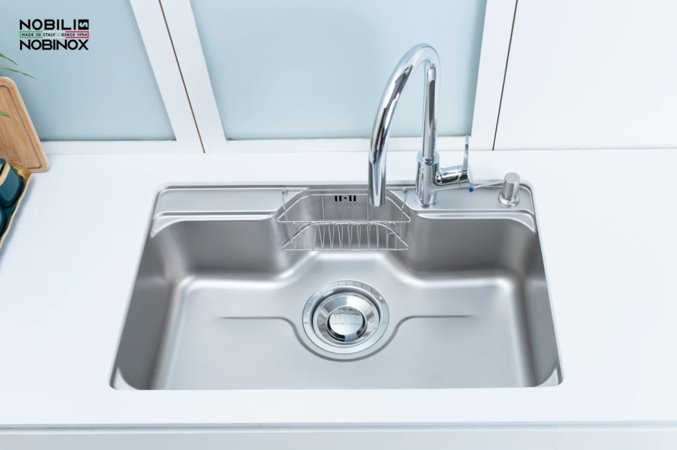  CHẬU RỬA BÁT 1 HỐ NOBINOX LIKEN NL725D siêu tiện lợi, lựa chọn cao cấp 2025, ống thoát góc quay gập gọn, vân siêu mịn, chính hãng Nobinox 