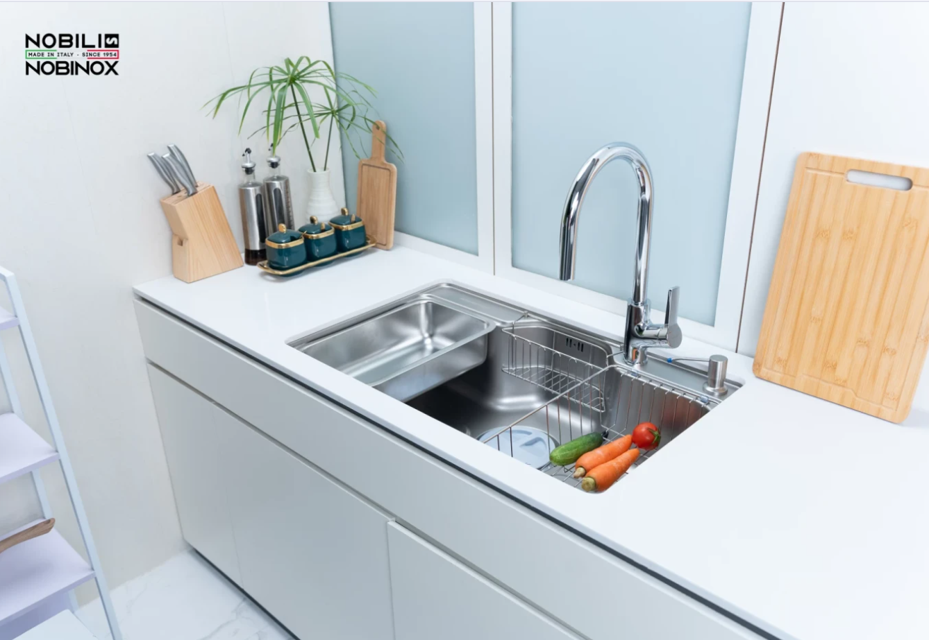  CHẬU RỬA BÁT 1 HỐ NOBINOX LIKEN NL725D siêu tiện lợi, lựa chọn cao cấp 2025, ống thoát góc quay gập gọn, vân siêu mịn, chính hãng Nobinox 