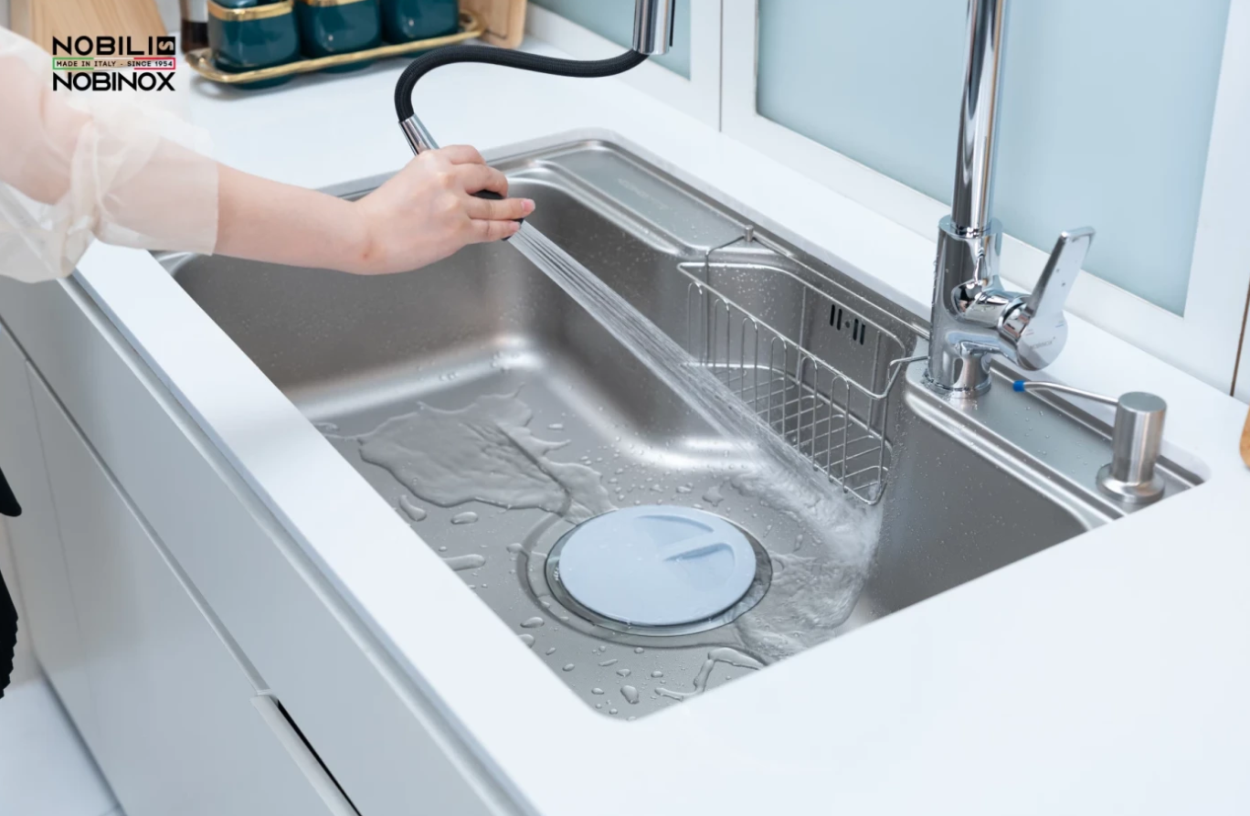  CHẬU RỬA BÁT 1 HỐ NOBINOX LIKEN NL725D siêu tiện lợi, lựa chọn cao cấp 2025, ống thoát góc quay gập gọn, vân siêu mịn, chính hãng Nobinox 