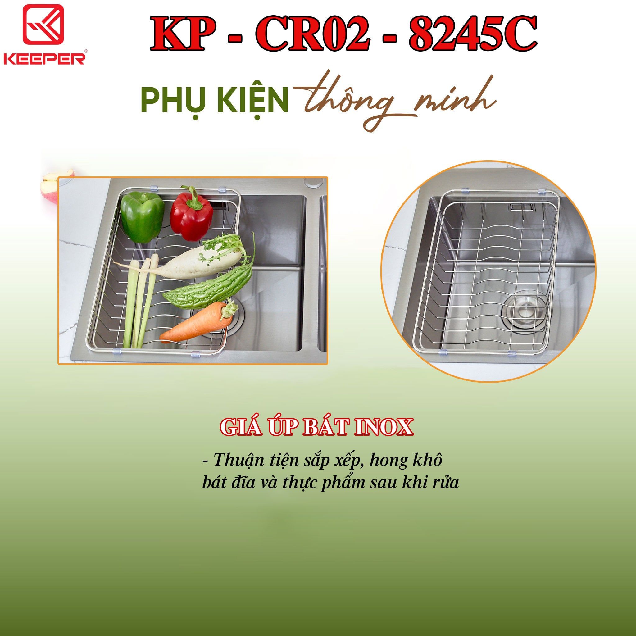  CHẬU RỬA KP – CR02 – 8245C Keeper sus 304 inox 304 bền bỉ, có rổ đi kèm. loại 2 hố 