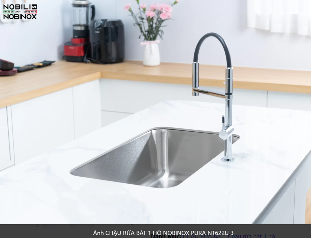  CHẬU RỬA BÁT 1 HỐ NOBINOX PURA NT622U bàn đảo kích thước 760mm x 457mm . 76cm x 45.7cm. bo tròn siêu mịn. inox AISI 304 18/10 cao cấp 