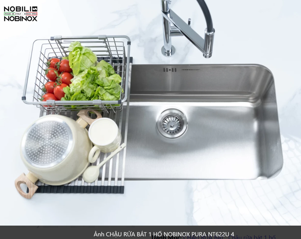  CHẬU RỬA BÁT 1 HỐ NOBINOX PURA NT622U bàn đảo kích thước 760mm x 457mm . 76cm x 45.7cm. bo tròn siêu mịn. inox AISI 304 18/10 cao cấp 