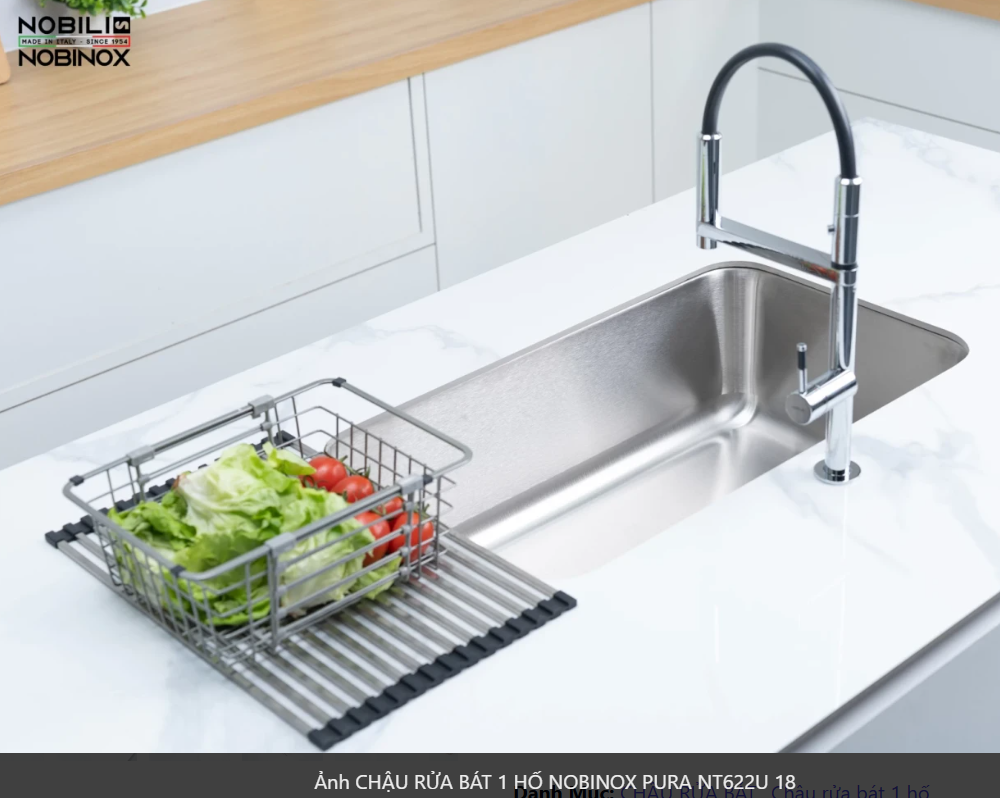  CHẬU RỬA BÁT 1 HỐ NOBINOX PURA NT622U bàn đảo kích thước 760mm x 457mm . 76cm x 45.7cm. bo tròn siêu mịn. inox AISI 304 18/10 cao cấp 