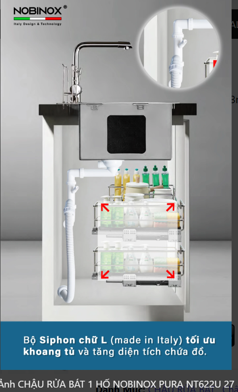  CHẬU RỬA BÁT 1 HỐ NOBINOX PURA NT622U bàn đảo kích thước 760mm x 457mm . 76cm x 45.7cm. bo tròn siêu mịn. inox AISI 304 18/10 cao cấp 