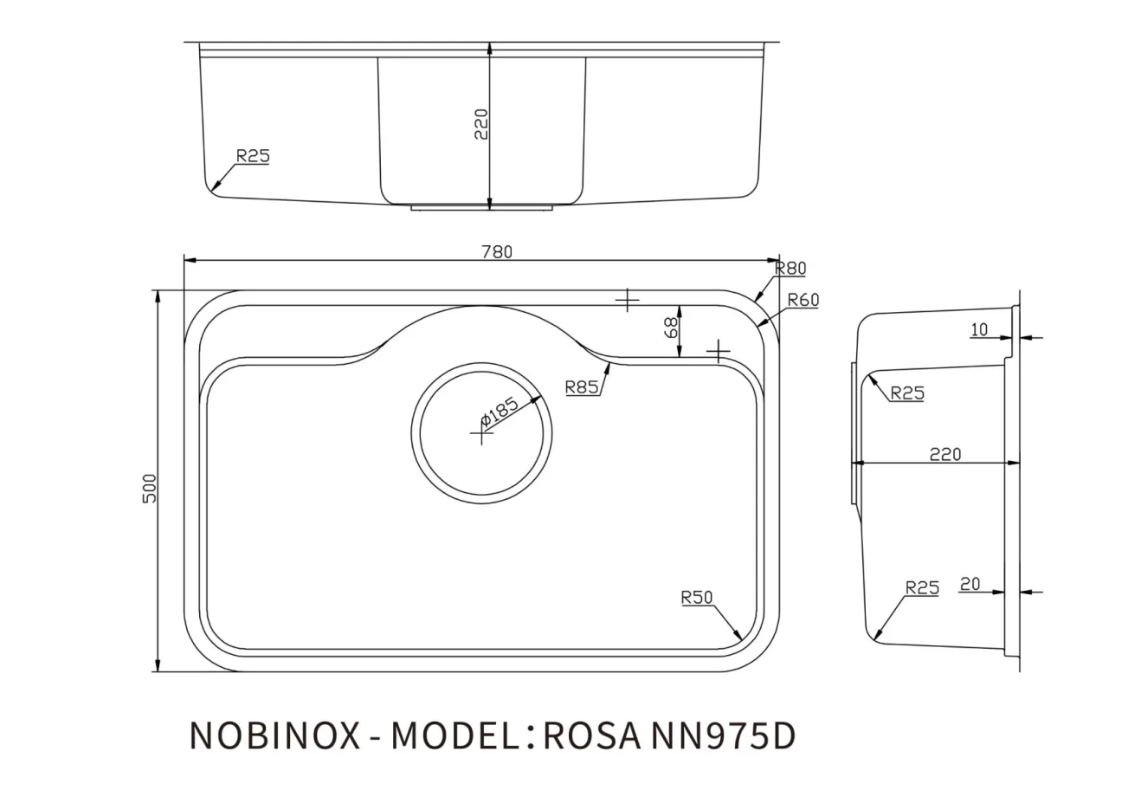  CHẬU RỬA BÁT 1 HỐ NOBINOX ROSA NN975D Grapbuy Bếp Hà Nội 780 * 500 * 220mm Vân siêu mịn chống xước 
