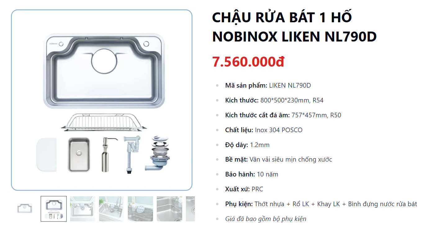  CHẬU RỬA BÁT 1 HỐ NOBINOX LIKEN NL790D Full phụ kiện, chậu lớn 80cm x 50cm, vân siêu mịn, chậu nhỏ đi kèm, rổ inox để bát, rổ inox ngang, chai xịt dầu tự động, giá siêu tốt tại bếp Hà Nội Grapbuy 