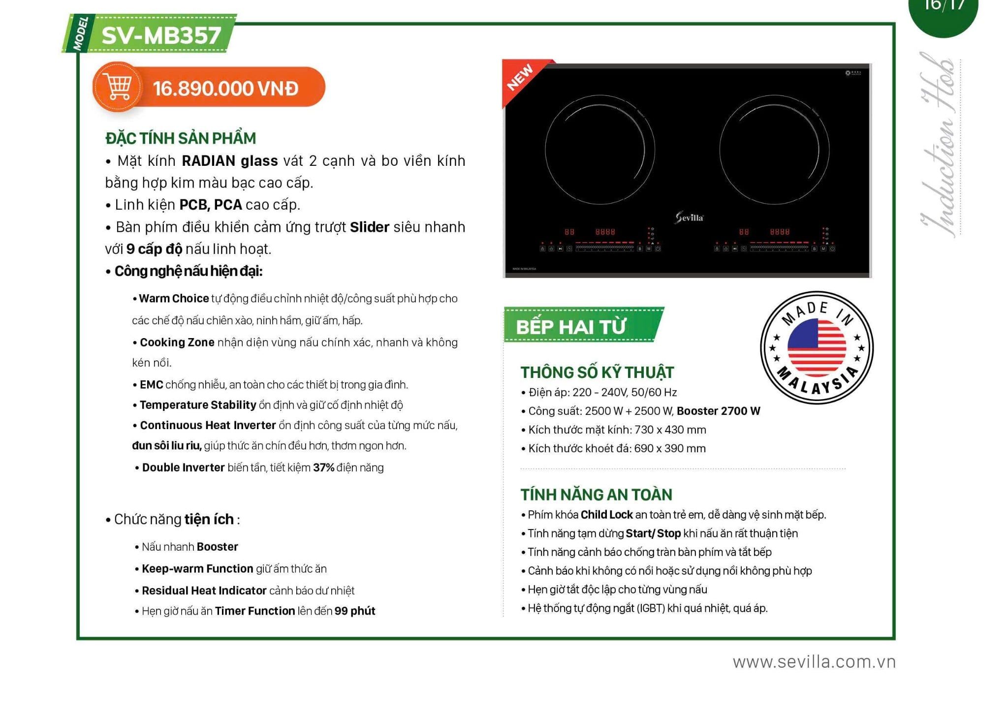  Bếp từ Sevilla SV MB 357 bản 2026, Malaysia, kính chống xước cao cấp, công suất lớn >5000w, 6 chức năng an toàn. siêu bền bỉ. Giá tốt 2026 