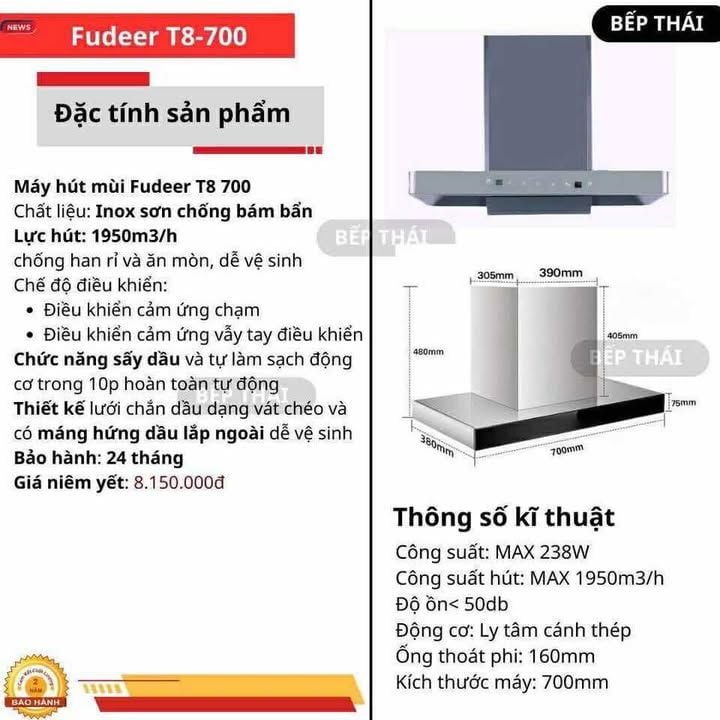  Hút mùi bếp Fudeer T8-700 seri 6 xám hiện đại, công suất lớn 1950m2/h , động cơ ly tâm cánh thép, tự làm sạch động cơ, cảm ứng vẫy tay thông minh 