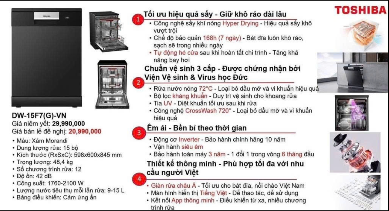 Máy rửa chén độc lập Toshiba DW-15F7(G)-VN thương hiệu nổi tiếng Nhật Bản,  sấy khí nóng HyperDry kết hợp tự động hé cửa, Rửa bằng nước nóng kết hợp xoáy kép CrossWash 720°, Điều khiển từ xa bằng điện thoại 