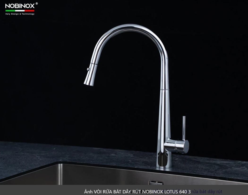  VÒI RỬA BÁT DÂY RÚT NOBINOX LOTUS 640 Grapbuy Bếp Hà Nội dáng cổ ngỗng cong tinh tế cùng thân vòi lấy cảm hứng từ hình nón 