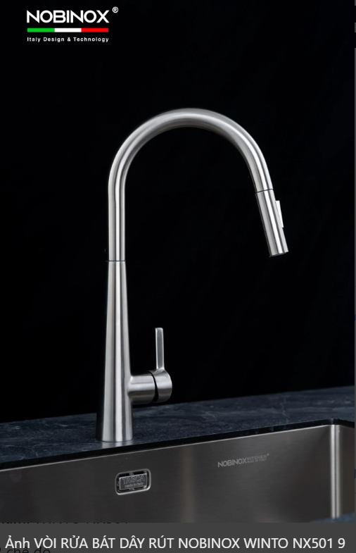  VÒI RỬA BÁT DÂY RÚT NOBINOX WINTO NX501 Inox 304, 2 đường nước nóng lạnh, thiết kế hiện đại, bản Pro 1 