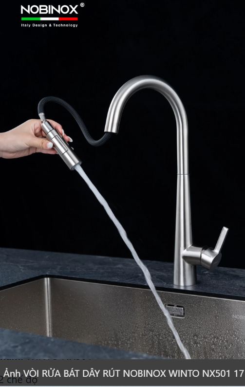  VÒI RỬA BÁT DÂY RÚT NOBINOX WINTO NX501 Inox 304, 2 đường nước nóng lạnh, thiết kế hiện đại, bản Pro 1 