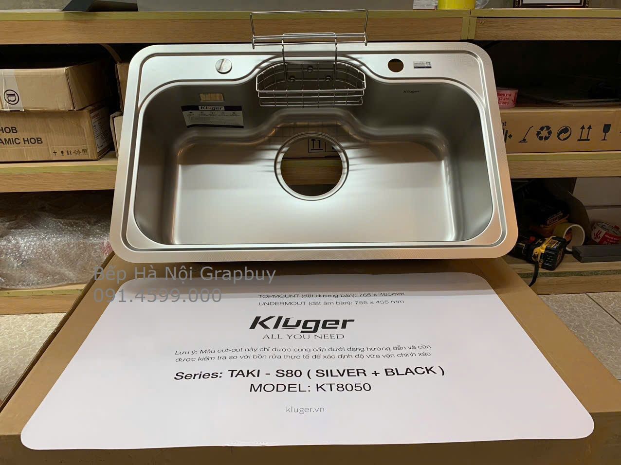  Chậu rửa inox Kluger 80cm KT8050FS – S80 Plus Hà Nội bản Plus đẩy đủ rổ, thớt , phụ kiện. chậu 1 hố lớn 