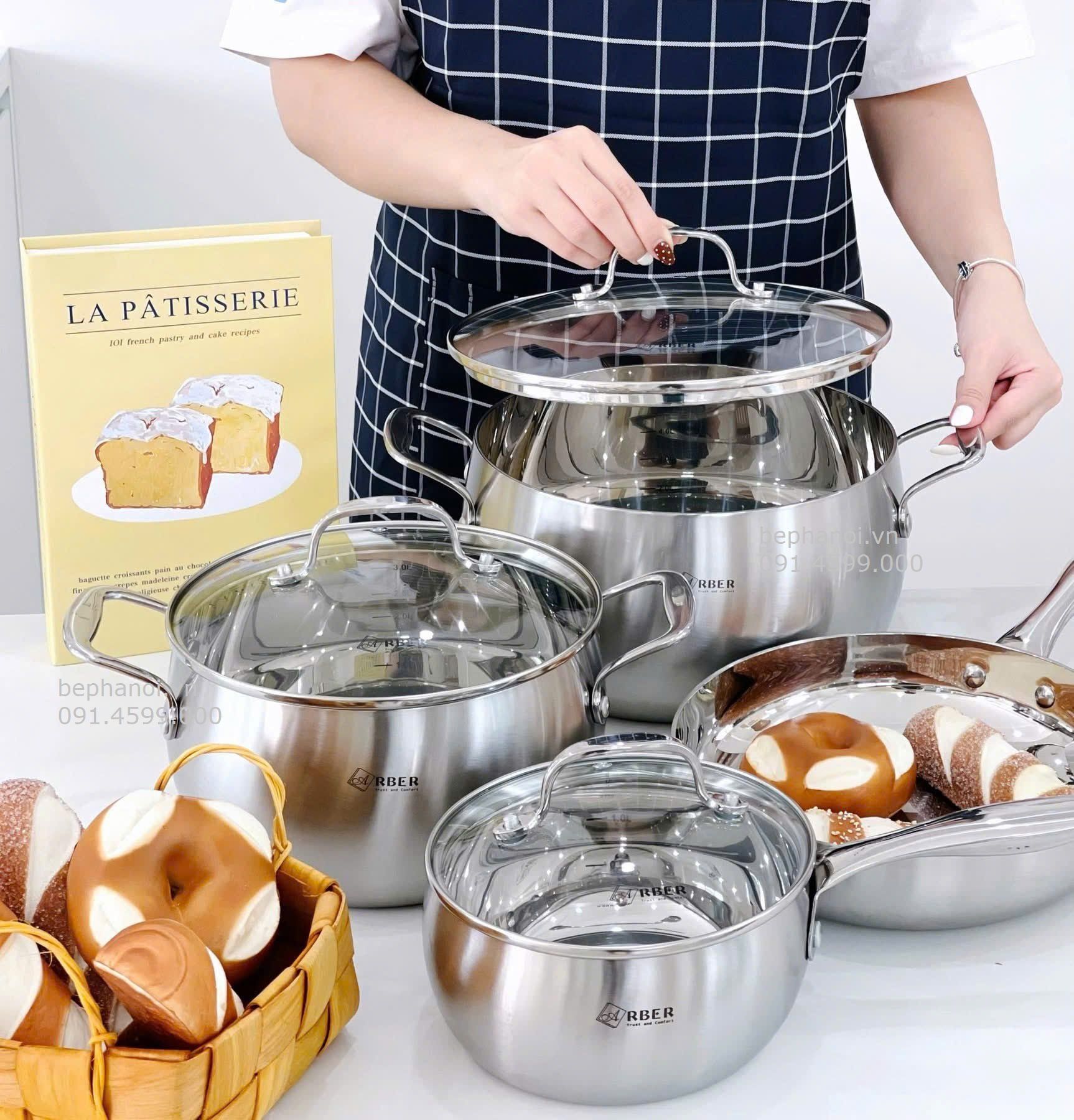  Bộ nồi inox cao cấp đáy liền Arber AN-lengend chuyên cho bếp từ Nhật, Đức, siêu tiết kiệm điện, bền bỉ 20 năm, chống oxi hóa, trắng thuần inox sang trọng, bộ sưu tập VIP 