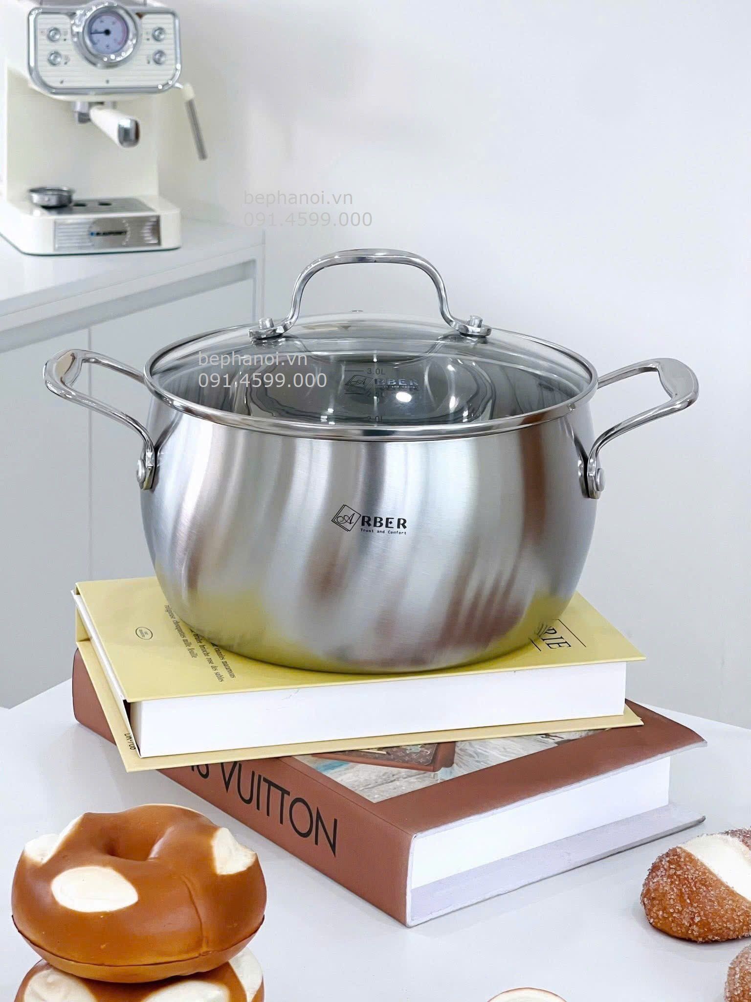  Bộ nồi inox cao cấp đáy liền Arber AN-lengend chuyên cho bếp từ Nhật, Đức, siêu tiết kiệm điện, bền bỉ 20 năm, chống oxi hóa, trắng thuần inox sang trọng, bộ sưu tập VIP 