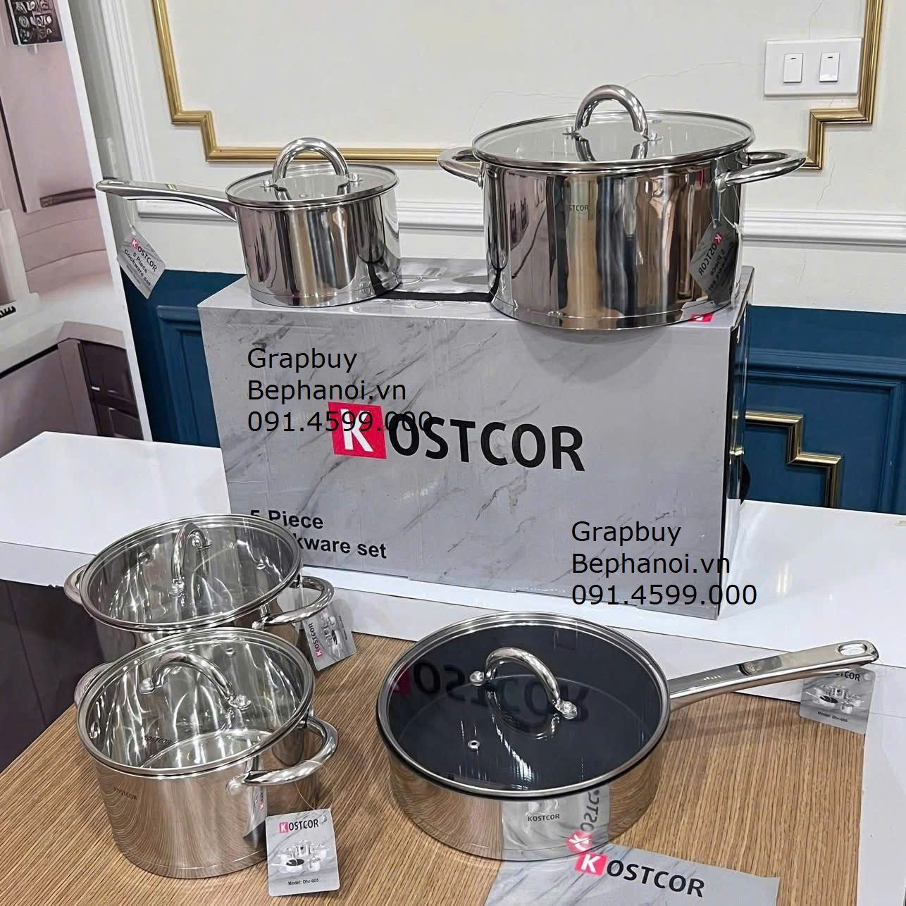  Bộ nồi chuyên dụng cho bếp từ: 5 món KOSTCOR đáy phẳng đúc liền từ tính – Chống dính, chịu nhiệt cao, dùng được bếp từ, bếp gas, thiết kế sang trọng bộ nồi KOSTCOR, chảo có vung và 4 nồi inox 