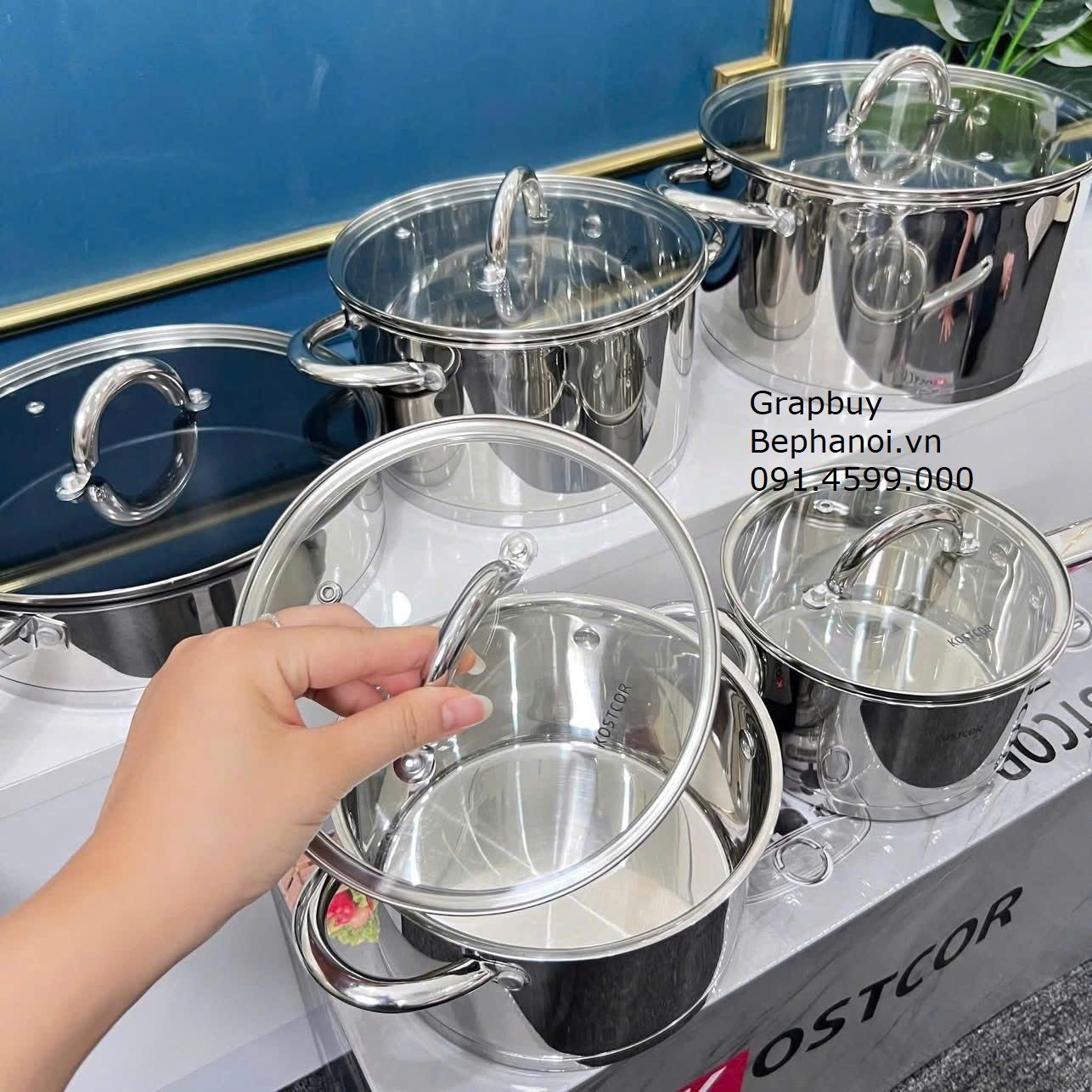  Bộ nồi chuyên dụng cho bếp từ: 5 món KOSTCOR đáy phẳng đúc liền từ tính – Chống dính, chịu nhiệt cao, dùng được bếp từ, bếp gas, thiết kế sang trọng bộ nồi KOSTCOR, chảo có vung và 4 nồi inox 