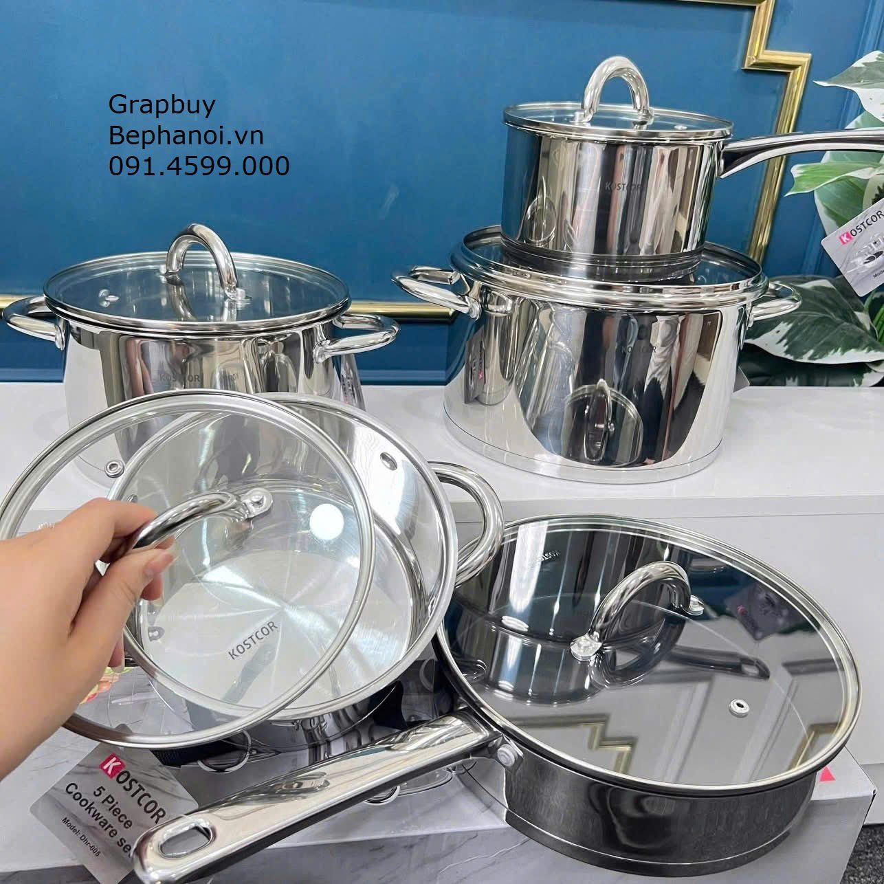  Bộ nồi chuyên dụng cho bếp từ: 5 món KOSTCOR đáy phẳng đúc liền từ tính – Chống dính, chịu nhiệt cao, dùng được bếp từ, bếp gas, thiết kế sang trọng bộ nồi KOSTCOR, chảo có vung và 4 nồi inox 