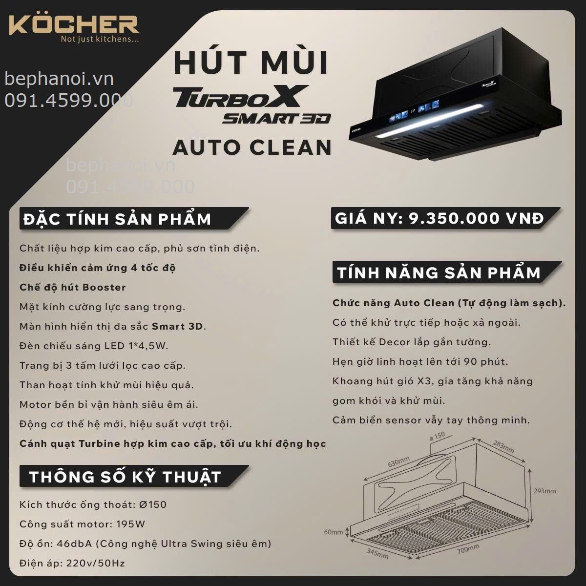  Hút mùi bếp âm tủ Kocher Turbo X Smart 3D Auto Clean | X3D-350D.AUC bản đèn led cao cấp, động cơ ly tâm cánh thép, tự làm sạch buồng hút, thích hợp cho chung cư cao cấp 
