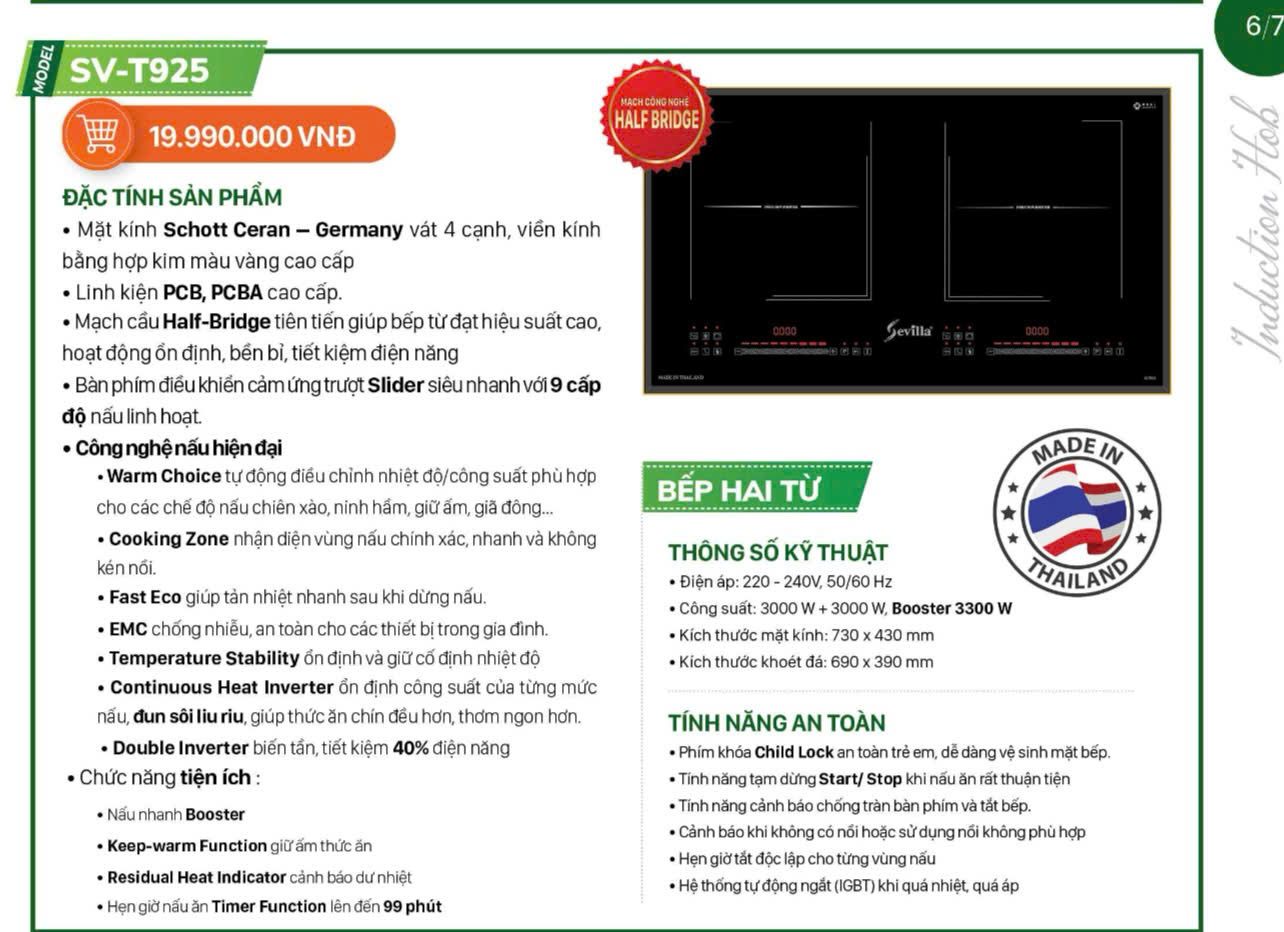  Bếp từ đôi Sevilla SV-T925 mới 2025 bản Pro, công suất cực đại 3300w/vùng nâng cấp mạch kép halfbridge bền bỉ và mạnh hơn mạch hơn x2, bo viền mạ vàng sang trọng, 6 tính năng an toàn. 