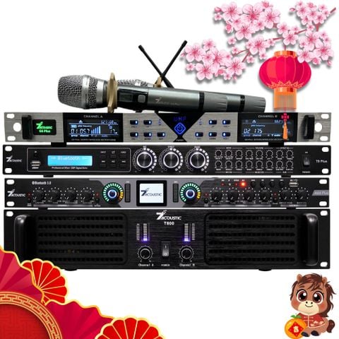 Combo dàn máy 7Acoustic gồm Đẩy 7Acoustic T800, Vang cơ 7Acoustic T9 PLus, Nâng Tiếng 7Acoustic A66 PLus, Micro 7Acoustic G6 PLus