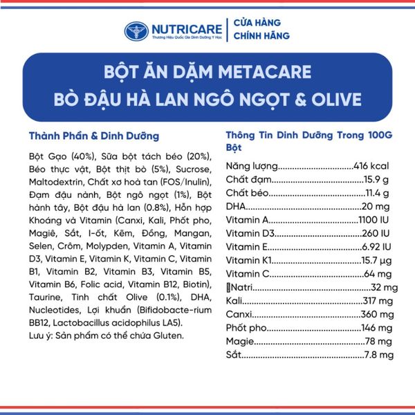 Bột Ăn Dặm NUTRICARE Metacare Bò Đậu Hà Lan Ngô Ngọt & Olive Hương Vị Thơm Ngon Giúp Bé Ăn Ngon Hơn và Hấp Thu Tốt 200G