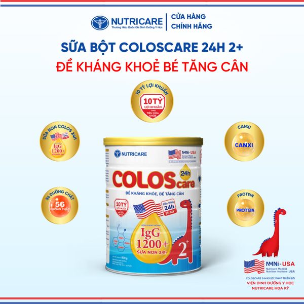Sữa Bột COLOSCARE 24H 2+ NUTRICARE Tăng Cân Cao Lớn Đề Kháng Khoẻ Tiêu Hoá Tốt Với Sữa Non 24h IgG 1200+ Từ 2-10 Tuổi