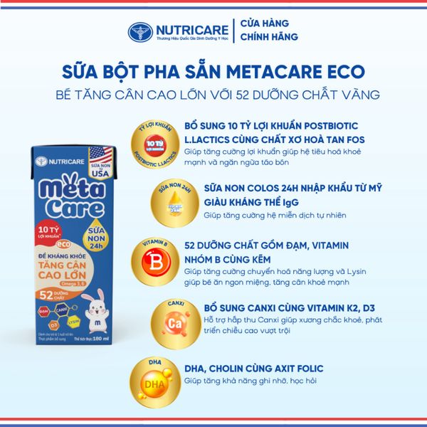 Thùng Sữa Bột Pha Sẵn METACARE ECO NUTRICARE Tăng Cân Chiều Cao Tăng Sức Đề Kháng Từ 1 Tuổi Với Sữa Non 24H 48 Hộp