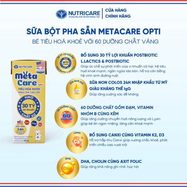 Thùng Sữa Bột Pha Sẵn METACARE OPTI NUTRICARE Sữa Non 24h Bé Tiêu Hoá Khoẻ Tăng Cân Cao Lớn Tăng Cường Đề Kháng 48 Hộp