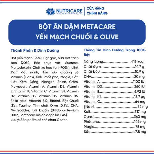Bột Ăn Dặm NUTRICARE Metacare Yến Mạch Chuối & Olive Hương Vị Thơm Ngon Giúp Bé Ăn Ngon Hơn và Hấp Thu Tốt 200G