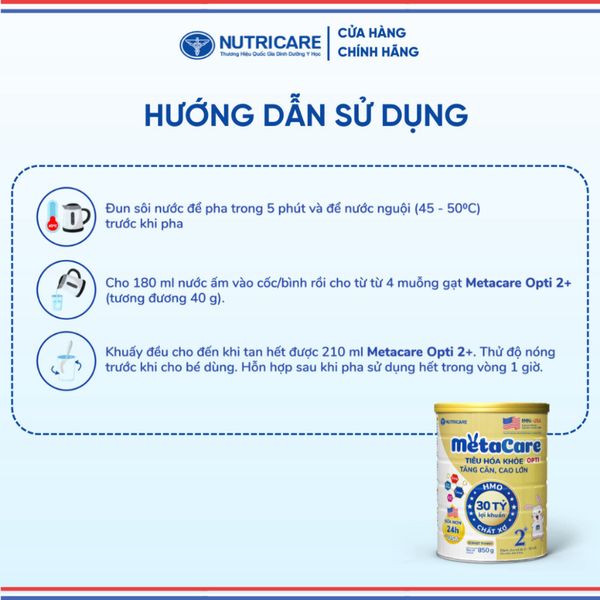 Sữa Bột METACARE OPTI 2+ NUTRICARE Bé 2-10 Tuổi Tiêu Hoá Khoẻ Tăng Cân Cao Lớn Tăng Cường Đề Kháng Vị Thanh Nhạt 850G