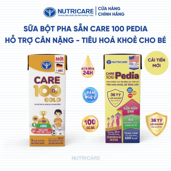 Thùng Sữa Bột Pha Sẵn CARE 100 PEDIA NUTRICARE Cho Bé Từ 1 Tuổi Hỗ Trợ ăng Cân Tiêu Hoá Khoẻ Chống Táo Bón 48 Hộp