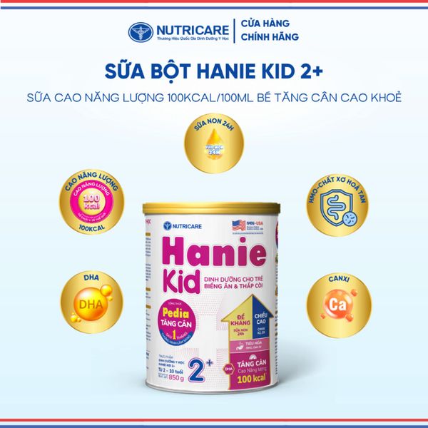 Sữa Bột HANIE KID 2+ NUTRICARE Cho Bé 2-10 Tuổi Suy Dinh Dưỡng Biếng Ăn Thấp Còi, Sữa Non 24H Cao Năng Lượng 850G